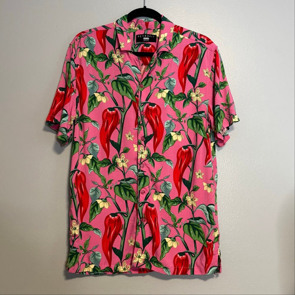 Retrofit Pink Red Chili Pepper Short Sleeve Button Down Casual Shirt